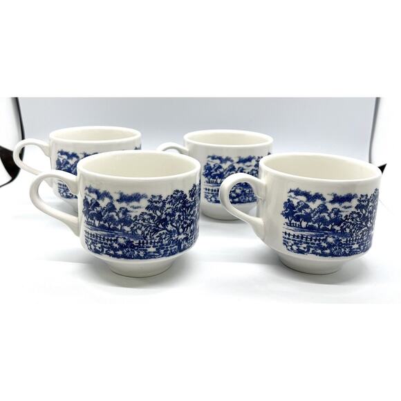 Vtg Churchill England Cups Mill Dam Blue Set of 4 Willow HTF Pattern - Picture 2 of 5